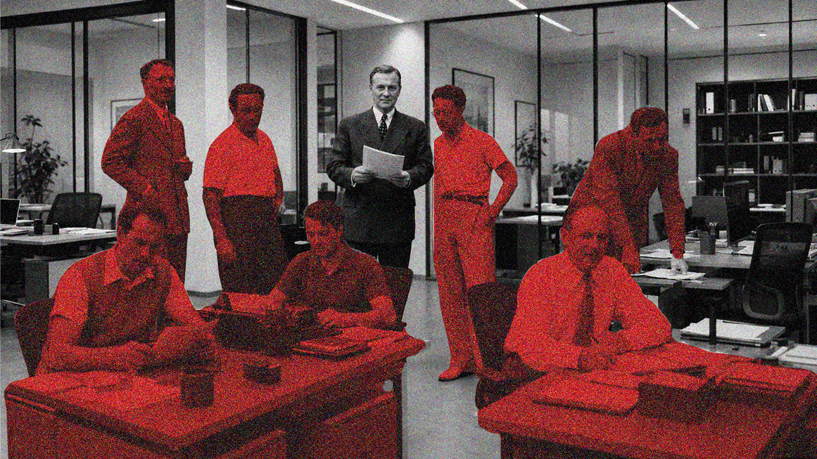 A black-and-white office where every worker is highlighted in red around one calm operator in a suit, representing a single person directing a workforce of agents