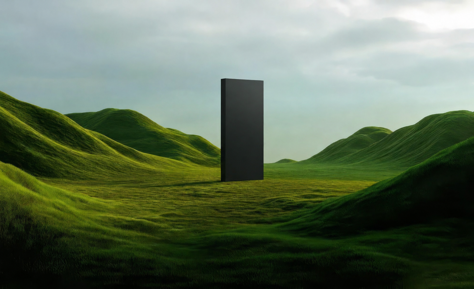 A dark monolith standing in a valley of rolling green hills under a soft overcast sky